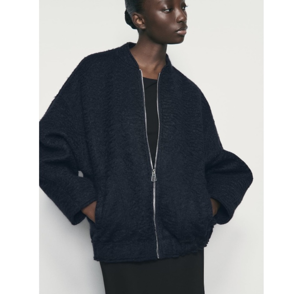 Zara Long Sleeve Front Zip Oversized Boucle Bomber Jacket Sz:M-L